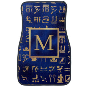 Gold Egyptian Hieroglyphics on Blue Monogram Car Floor Mat