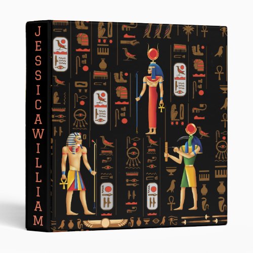 Gold Egyptian hieroglyphs and deities on black 3 Ring Binder