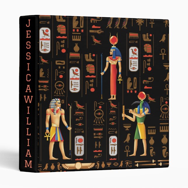 Gold Egyptian hieroglyphs and deities on black 3 Ring Binder (Front/Spine)