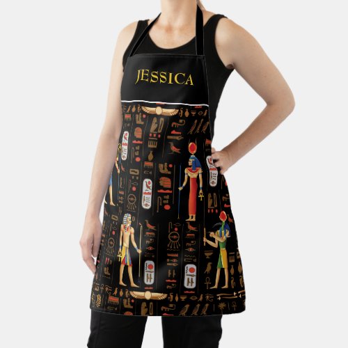 Gold Egyptian hieroglyphs and deities on black  Apron