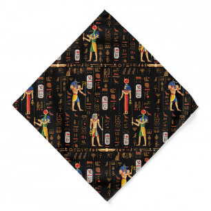 Gold Egyptian hieroglyphs and deities on black  Bandana