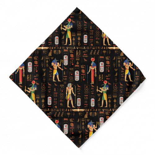 Gold Egyptian hieroglyphs and deities on black  Bandana