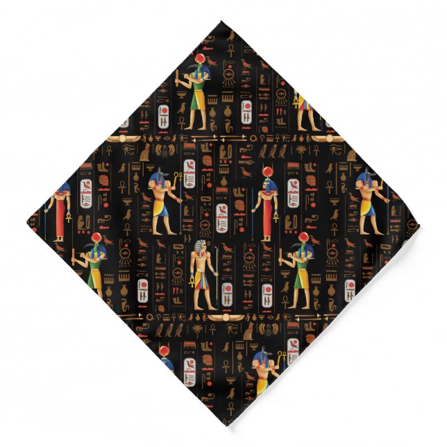 Gold Egyptian hieroglyphs and deities on black  Bandana (Front)