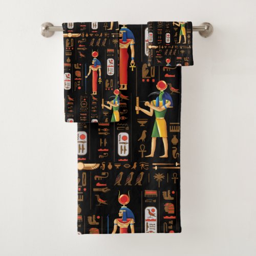 Gold Egyptian hieroglyphs and deities on black  Bath Towel Set