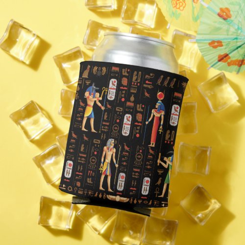 Gold Egyptian hieroglyphs and deities on black Can Cooler