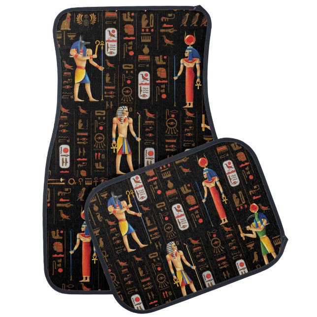 Gold Egyptian hieroglyphs and deities on black  Car Floor Mat (Set)