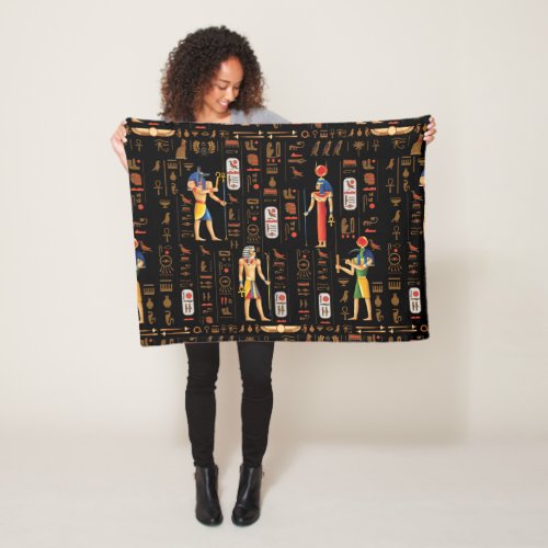 Gold Egyptian hieroglyphs and deities on black   Fleece Blanket