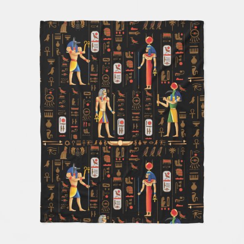 Gold Egyptian hieroglyphs and deities on black  Fleece Blanket