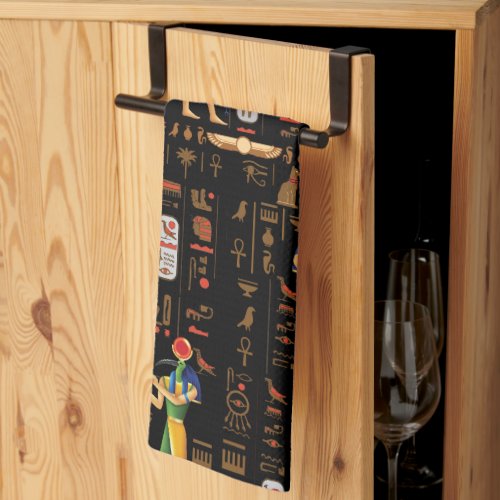 Gold Egyptian hieroglyphs and deities on black  Kitchen Towel