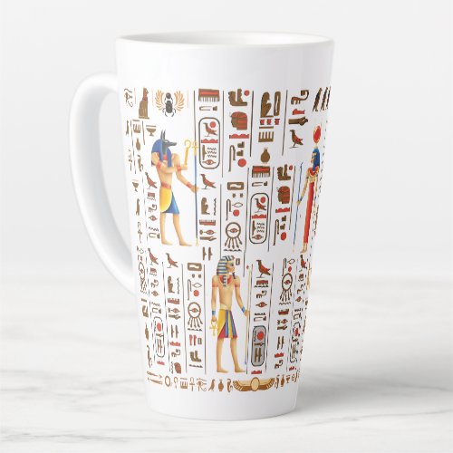 Gold Egyptian hieroglyphs and deities on black Latte Mug