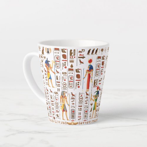 Gold Egyptian hieroglyphs and deities on black Latte Mug