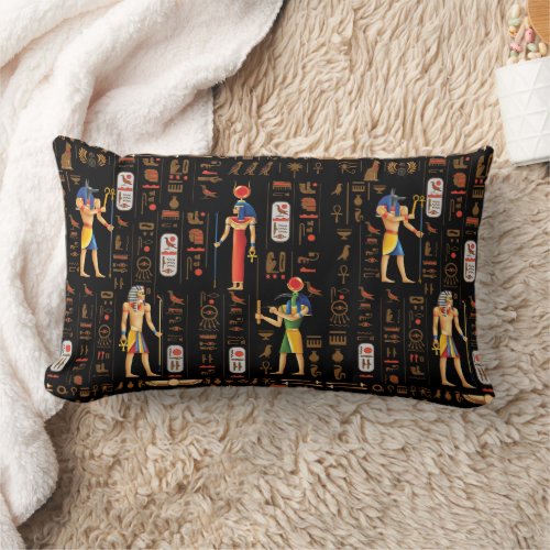 Gold Egyptian hieroglyphs and deities on black  Lumbar Pillow