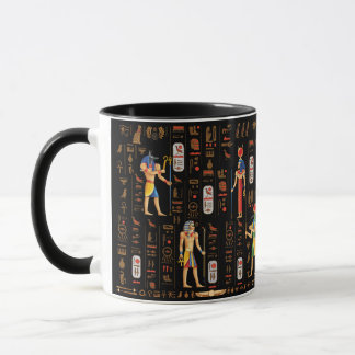 Gold Egyptian hieroglyphs and deities on black Mug
