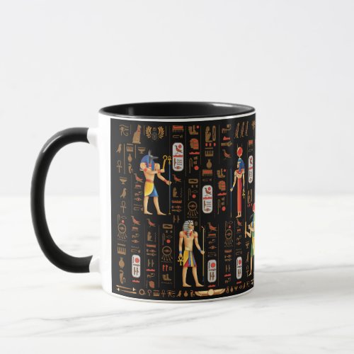 Gold Egyptian hieroglyphs and deities on black  Mug