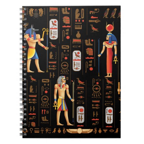 Gold Egyptian hieroglyphs and deities on black  Notebook