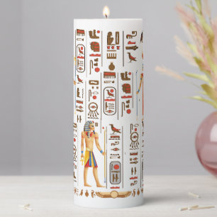 Gold Egyptian hieroglyphs and deities on black Pillar Candle