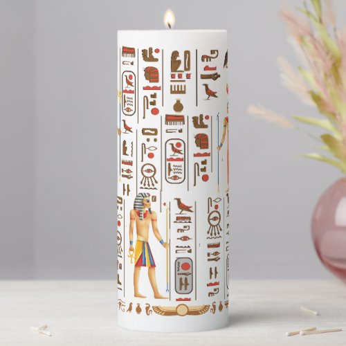 Gold Egyptian hieroglyphs and deities on black  Pillar Candle