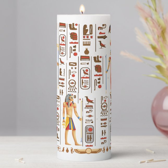 Gold Egyptian hieroglyphs and deities on black  Pillar Candle (In Situ)