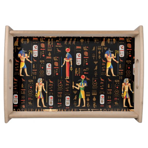 Gold Egyptian hieroglyphs and deities on black Serving Tray