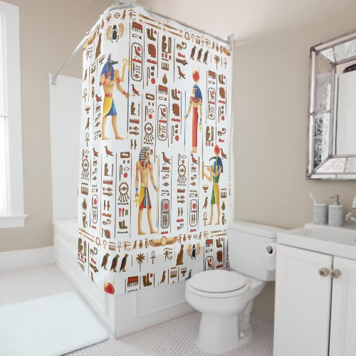 Gold Egyptian hieroglyphs and deities on black  Shower Curtain