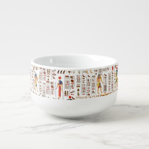 Gold Egyptian hieroglyphs and deities on black  Soup Mug