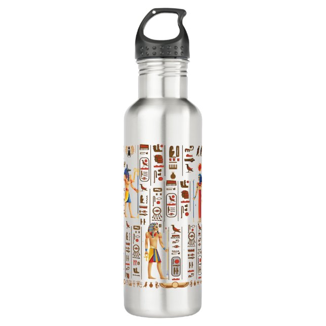 Gold Egyptian hieroglyphs and deities on black Stainless Steel Water Bottle (Front)