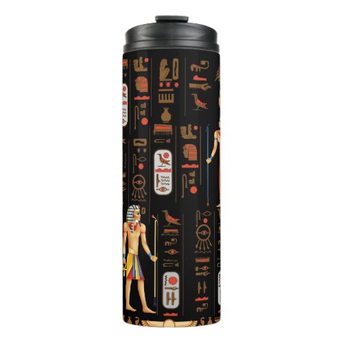 Gold Egyptian hieroglyphs and deities on black Thermal Tumbler