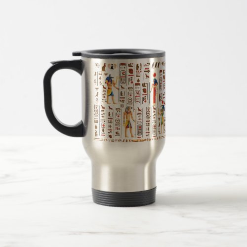 Gold Egyptian hieroglyphs and deities on black  Travel Mug
