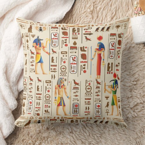 Gold Egyptian hieroglyphs and deities on papyrus Throw Pillow