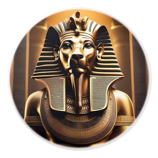 Gold Egyptian Pharaoh Lion Statue, Ceramic Knob (Front)