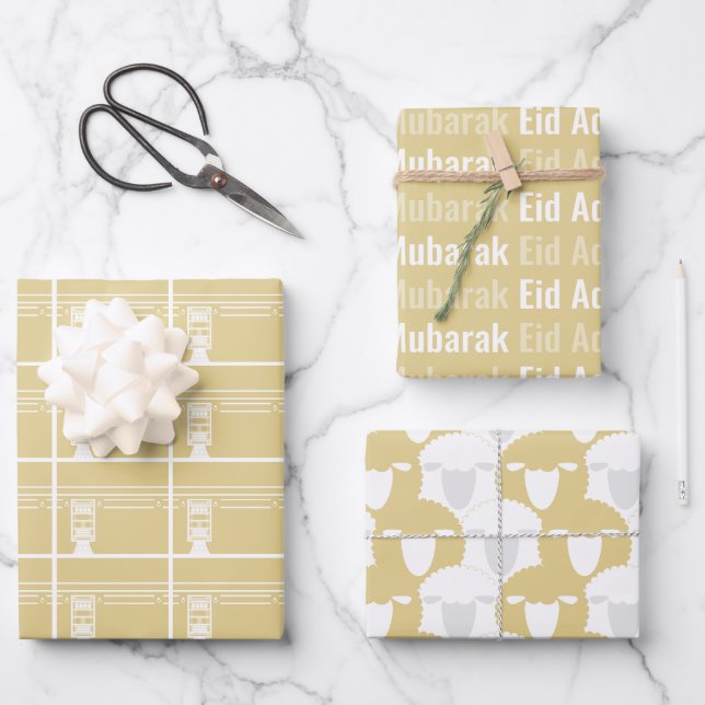 Gold Eid Adha Mubarak Kaaba Sheep Pattern Wrapping Paper Sheets (Front)