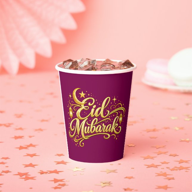 Gold Eid Mubarak Crescent Moon Lantern Festive Paper Cups (Insitu)