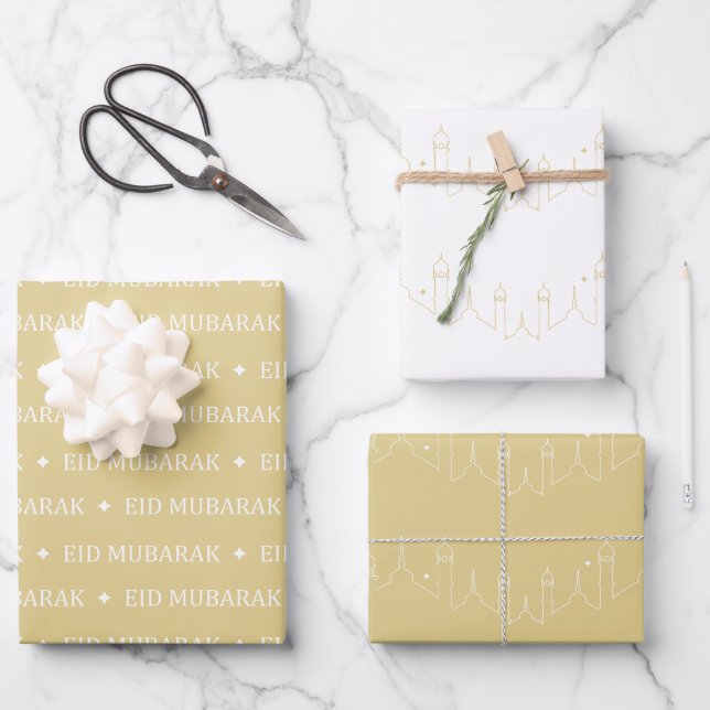Gold Eid Mubarak Masjid Pattern Design Wrapping Paper Sheets (Front)