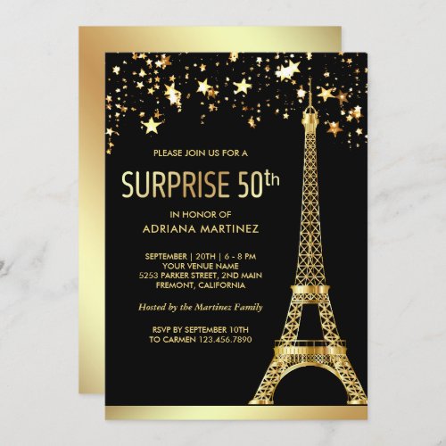 Gold Eiffel Tower Black Surprise 50th Birthday Invitation