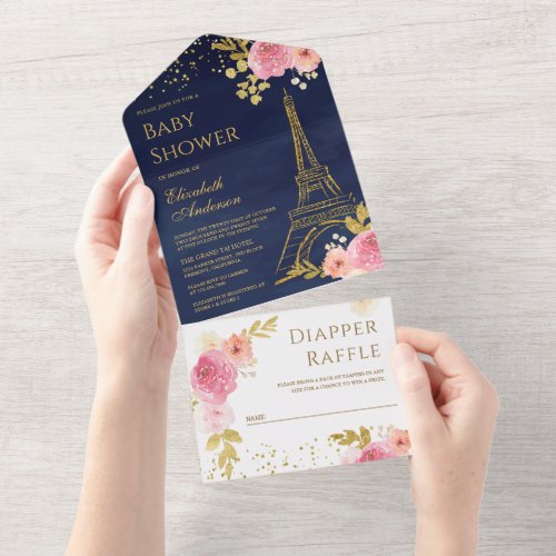 Gold Eiffel Tower Blush Pink Floral Baby Shower All In One Invitation