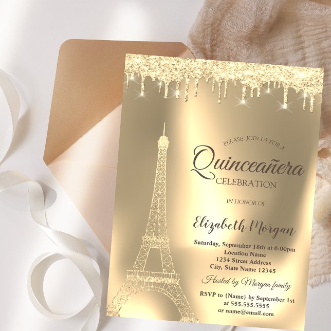Gold Eiffel Tower,Chic Drips Quinceañera Invitation (Creator Uploaded)