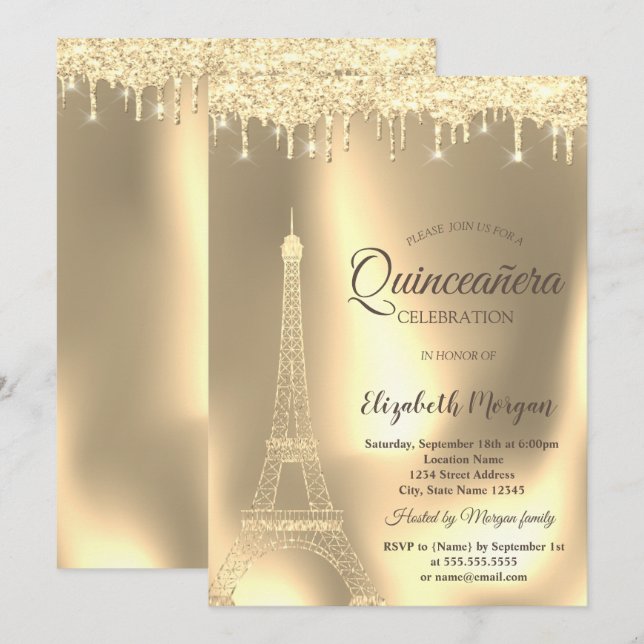 Gold Eiffel Tower,Chic Drips Quinceañera Invitation (Front/Back)
