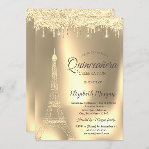 Gold Eiffel TowerChic Drips Quinceaera Invitation