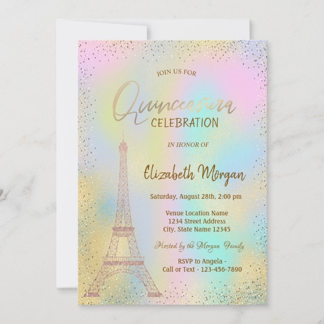 Gold Eiffel Tower Confetti Holographic Quinceañera Invitation (Front)