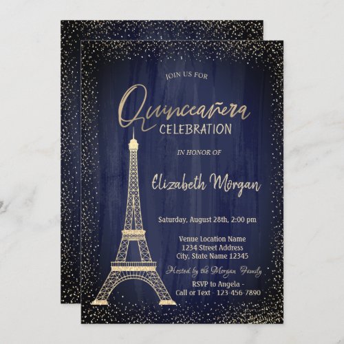 Gold Eiffel Tower Confetti Navy Blue Quinceanera Invitation