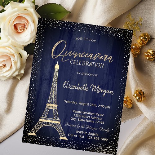 Gold Eiffel Tower Confetti Navy Blue Quinceanera Invitation