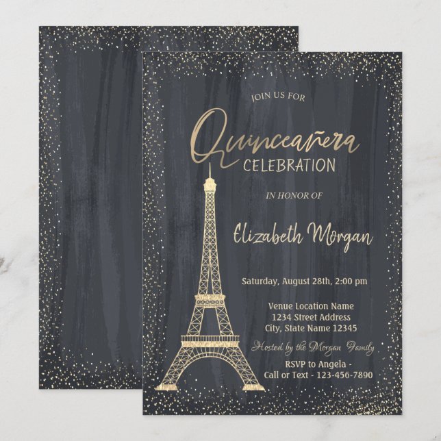 Gold Eiffel Tower Confetti Quinceanera Invitation (Front/Back)