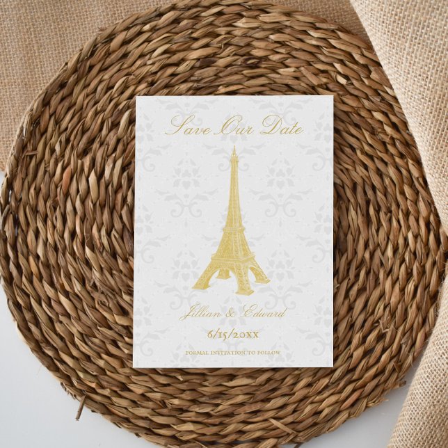 Gold Eiffel Tower Damask Save The Date Announcement (Gold Eiffel Tower Damask Save the Date)