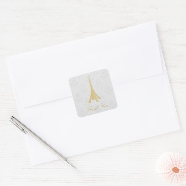 Gold Eiffel Tower Damask Thank You Stickers (Envelope)
