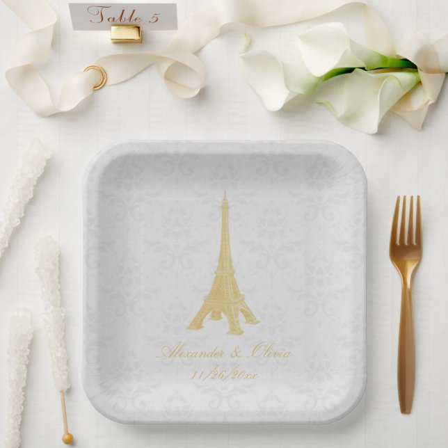 Gold Eiffel Tower Damask Wedding Shower Paper Plates (Wedding)