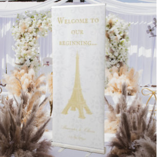 Gold Eiffel Tower Damask Wedding Welcome Banner