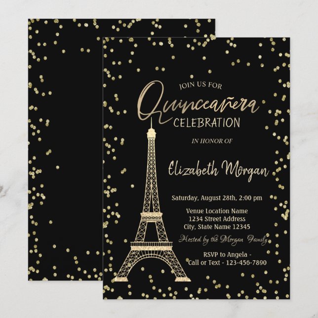 Gold Eiffel Tower Diamonds Black Quinceanera Invitation (Front/Back)