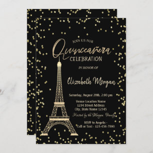 Gold Eiffel Tower Diamonds Black Quinceanera Invitation