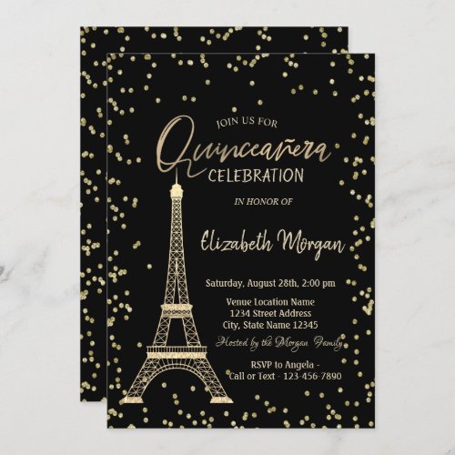 Gold Eiffel Tower Diamonds Black Quinceanera Invitation