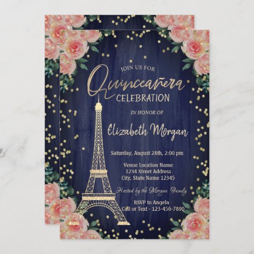 Gold Eiffel Tower Diamonds Flowers Quinceaera Invitation